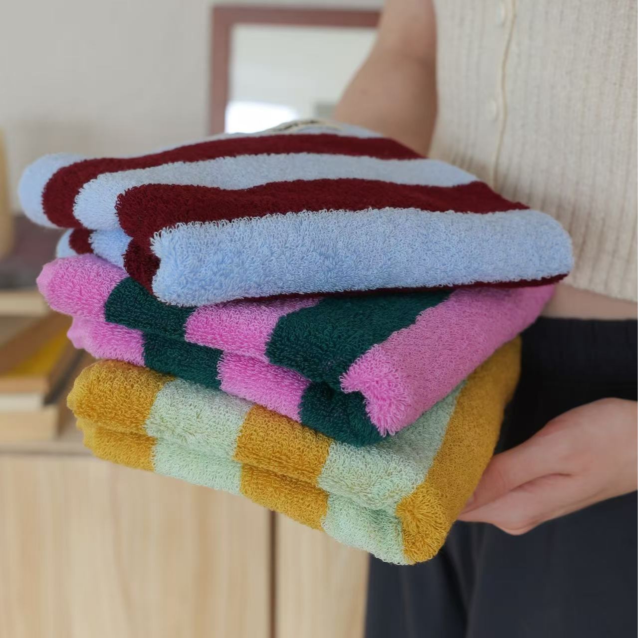 Home Textiles Face Towel - Handuk Katun Murni Bergaris Retro Handuk
